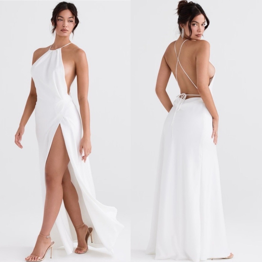 House of CB Zanab Cream Thigh High Slit Halter Satin Strappy Back Maxi NWOT XS‎ - Picture 4 of 10